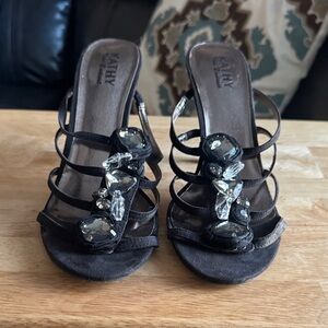 Kathy Van Zeeland Black Strappy Heels with Embellishments